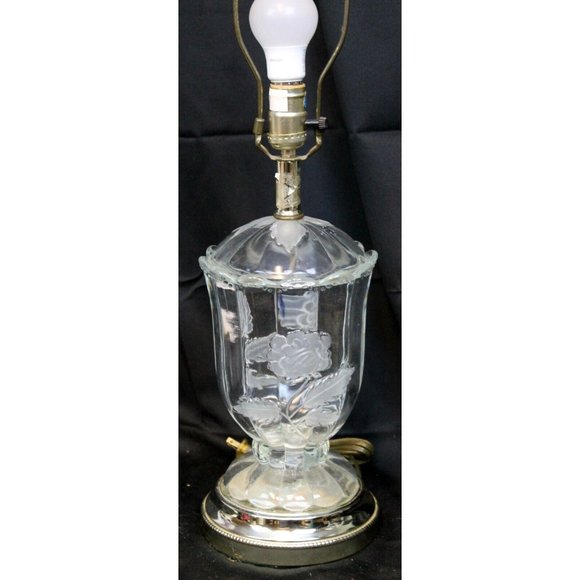 Vtg Frosted Glass Roses Clear Glass 25" Table Lamp No Shade - Picture 4 of 11
